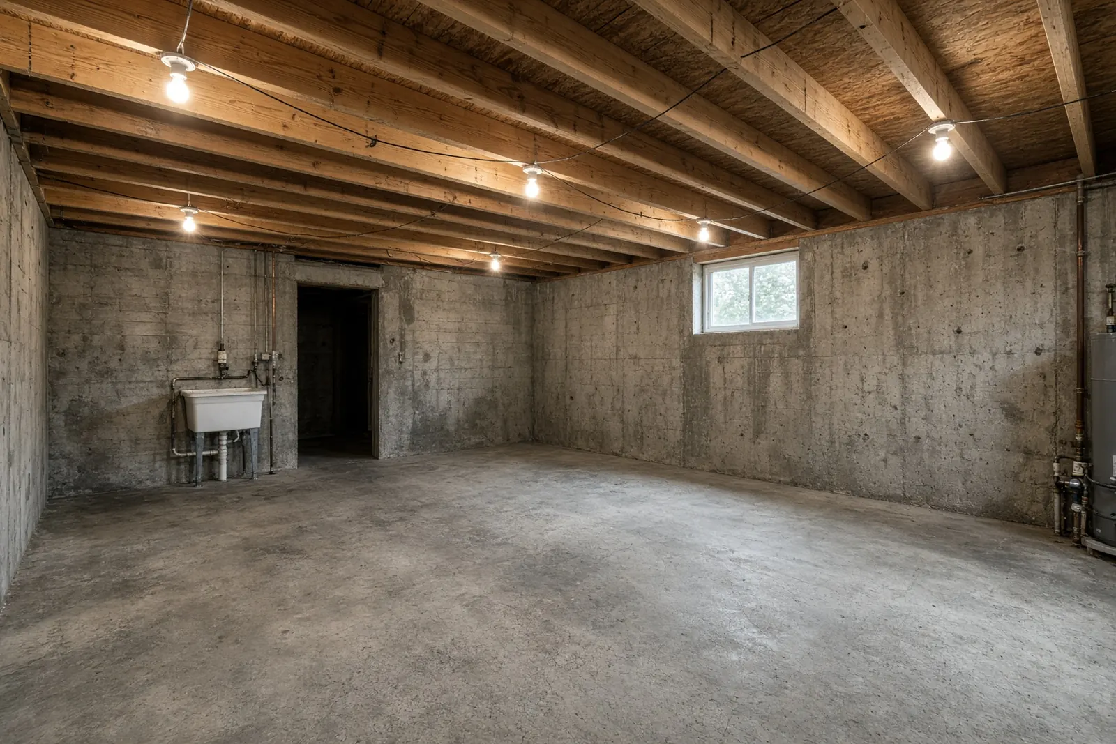 Unfinished basement with joist-mounted lights
