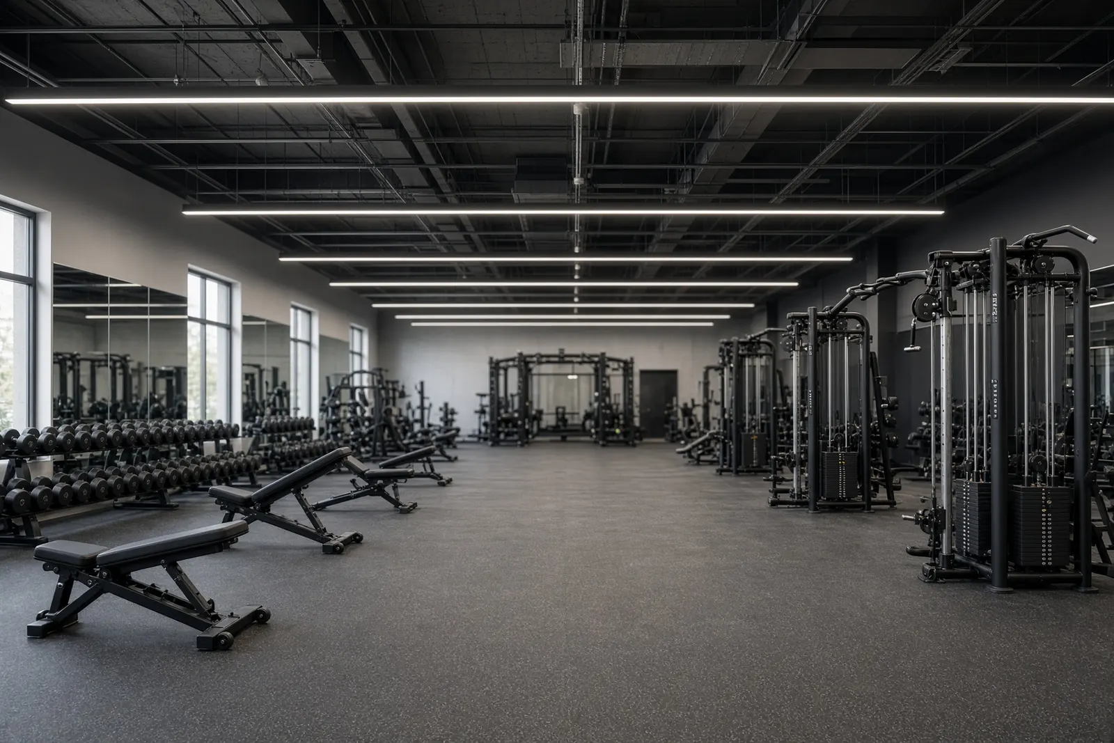Gym with suspended linear LED lighting