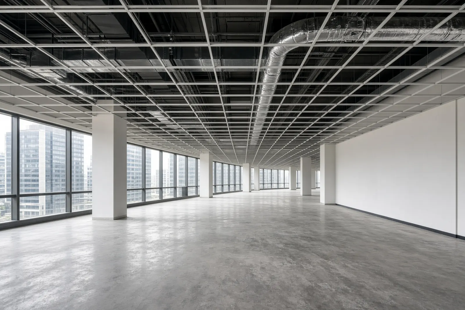 Empty office shell floor with open ceiling grid