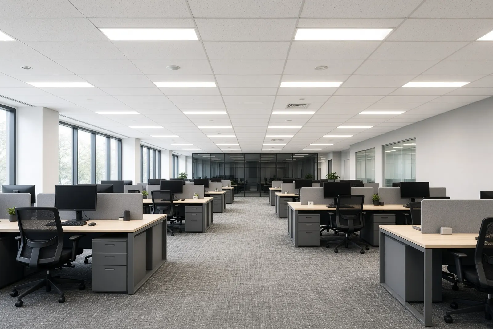 Open office with recessed LED panel lighting