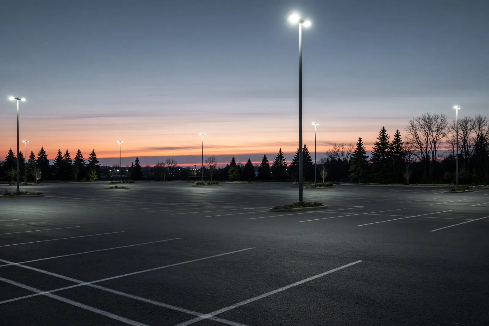 LED pole lights over a parking lot at dusk