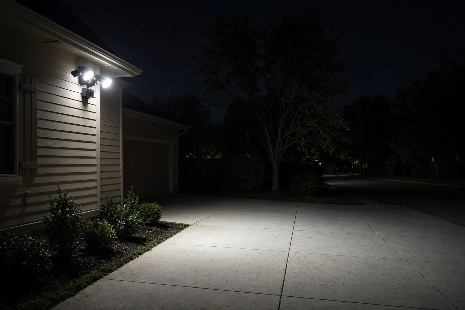 Security floodlight lighting a driveway at night